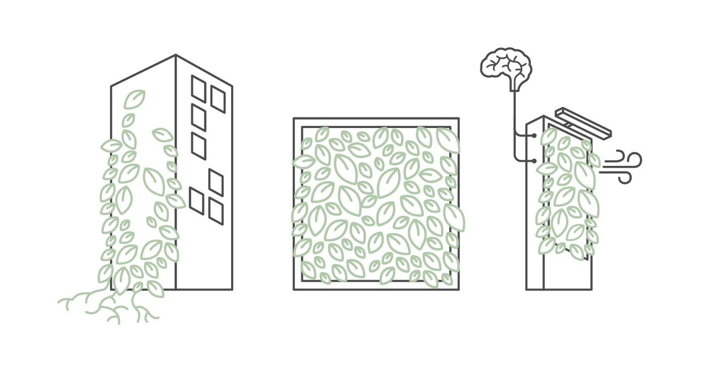 Grön fasad, växtvägg och smart växtvägg.