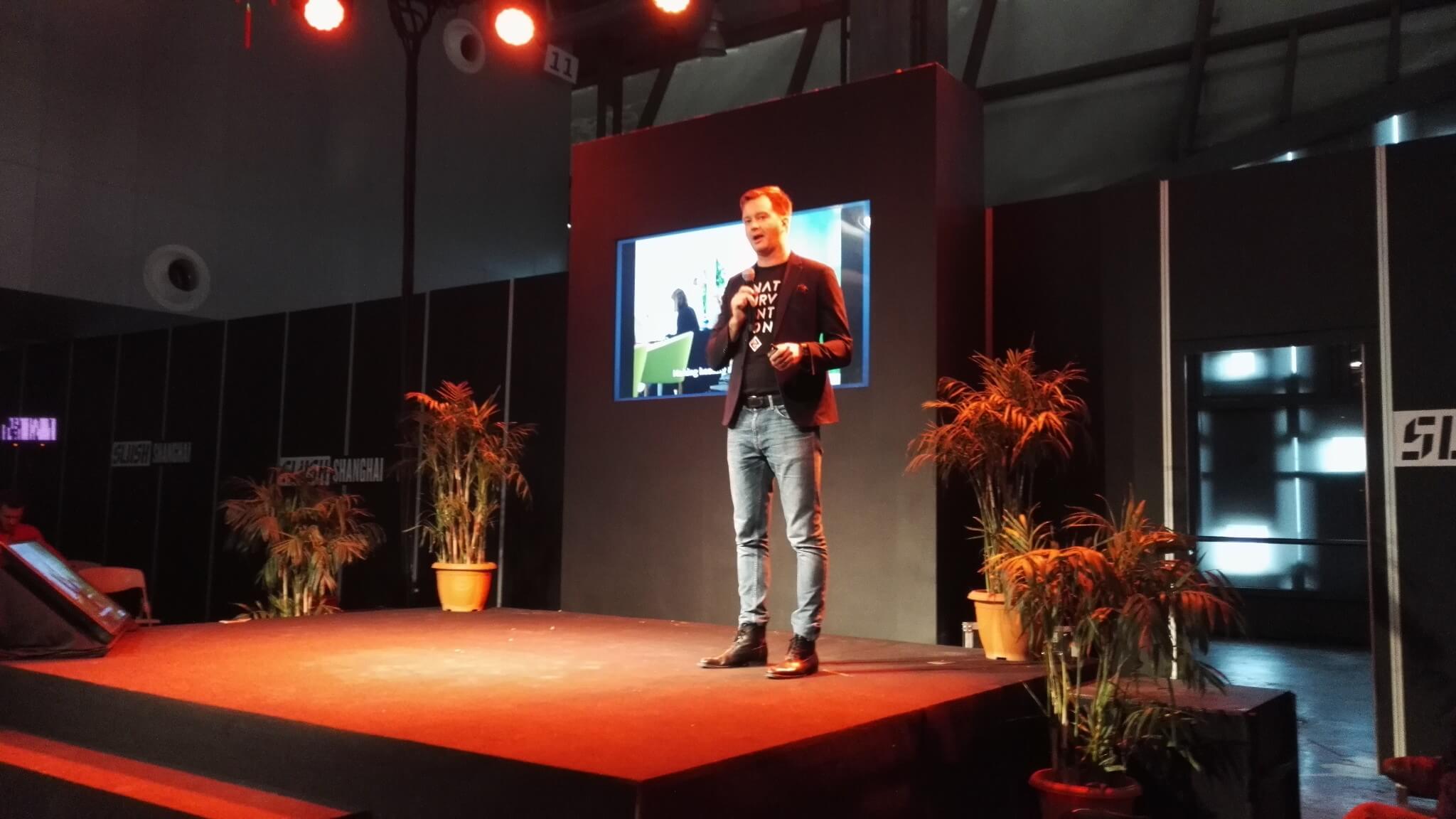 Aki Soudunsaari on stage at Slush Shanghai